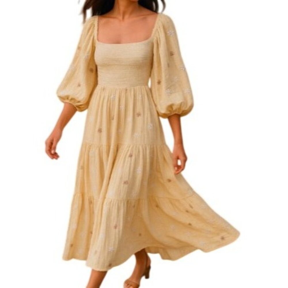 Free People Soft Yellow Maxi Dress with Puff Sleeves
